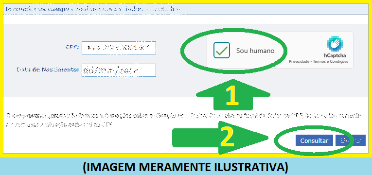 Exemplo mostrando onde clicar no CAPTCHA e em Continuar